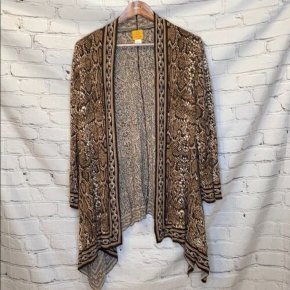 Ruby Rd. Women's Wild Mix Snake Jacquard Sharkbite Cardigan, Sable Multi Sz L - Picture 4 of 7